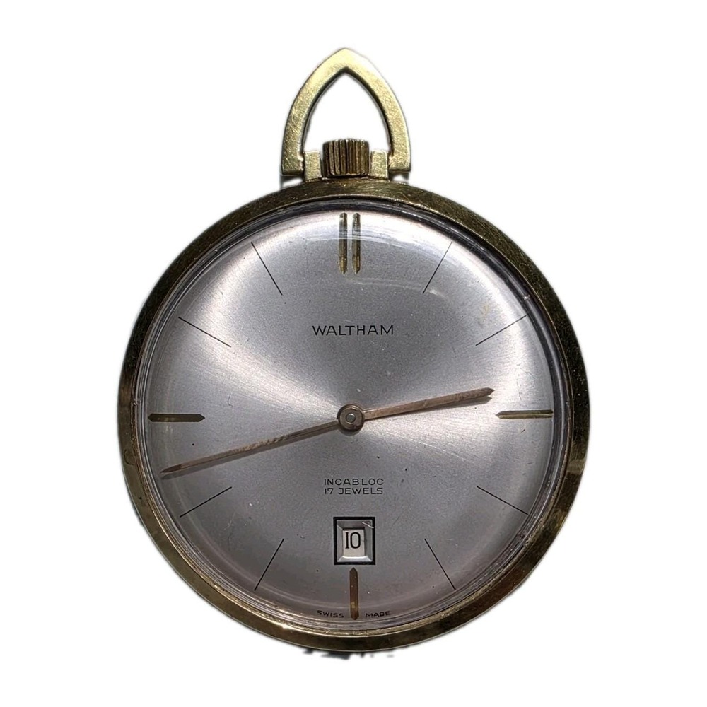 Waltham Pocket Watch WORKING 17J Incabloc Date Gold Thin Swiss 60s Runs